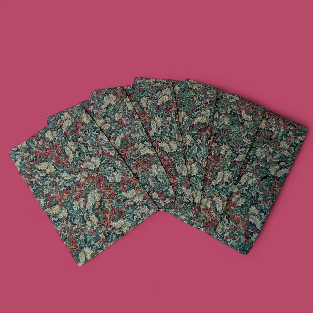 Vintage 6 Handmade Woven Tapestry Holly Berry Winter Holiday Christmas Placemats
